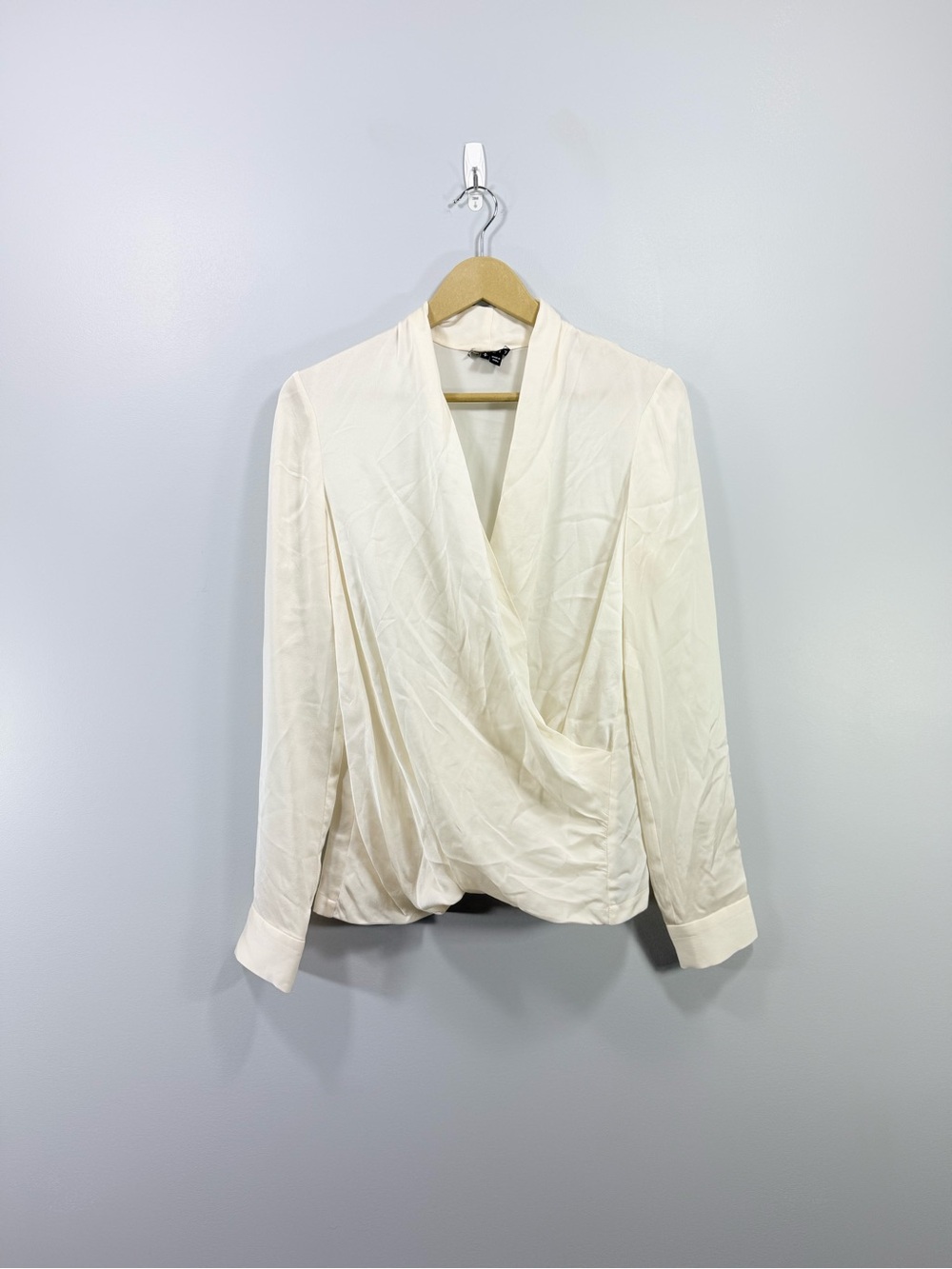 Theory 100% silk Ivory Wrap-Front Long Sleeve Blouse Size S